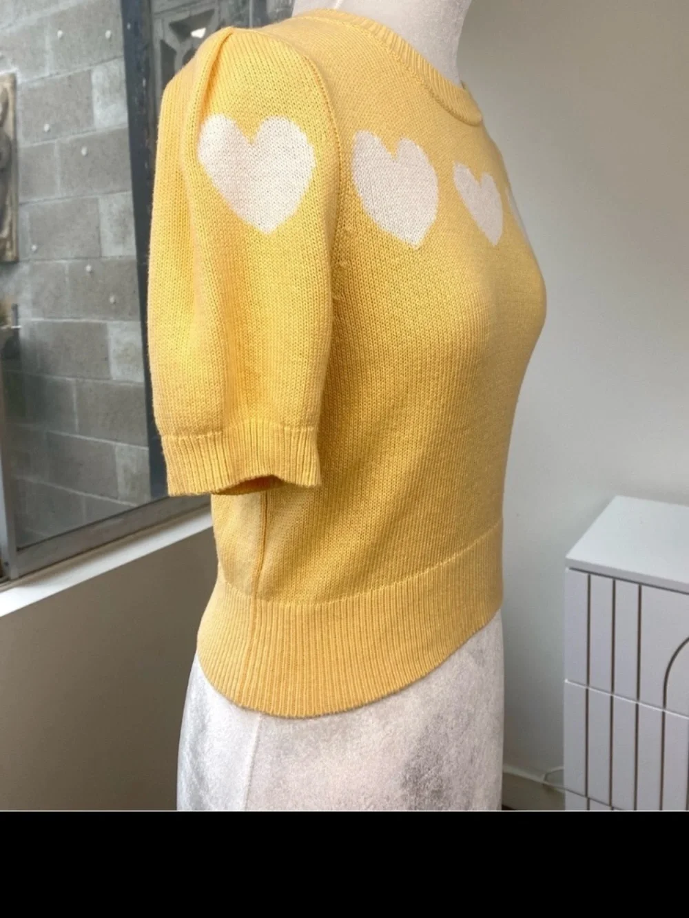 Reformation NWOT Crop Daisy Heart Princess Sleeve Sweater Top Yellow White, XS